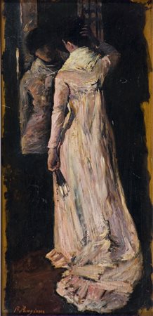 Raffaele Ragione 1851-1919 Signora allo specchio Olio su tavola cm 46x23...