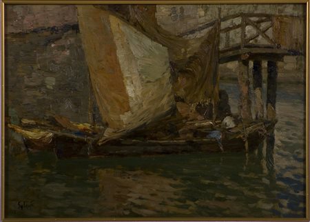 Giovanni Salviati 1881-1950 Barche con pescatori Olio su cartone cm 25x34...