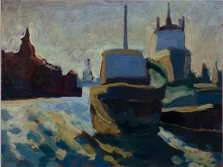 Roberto Ferruzzi 1927-2010 Marina con barche Olio su tavola cm 30x40 Firma in...