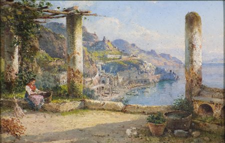 Guglielmo Giusti 1824-1916 Cappuccini ad Amalfi Olio su tavola cm 25x37 Firma...