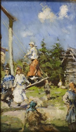 Ivan Karpoff 1898-1970 Giorno di festa Olio su tavola cm 46x28 Firms in basso...