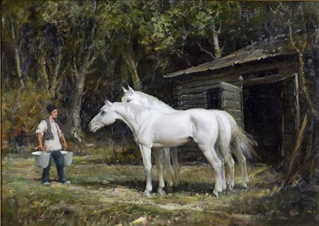 Giuseppe Chiacigh 1895-1967 Stalliere con cavalli Olio su tavola cm 50x70...