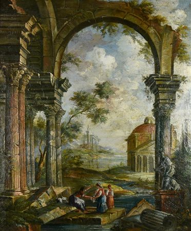 Scuola romana del XVIII secolo CAPRICCIO ARCHITETTONICO olio su tela, cm...