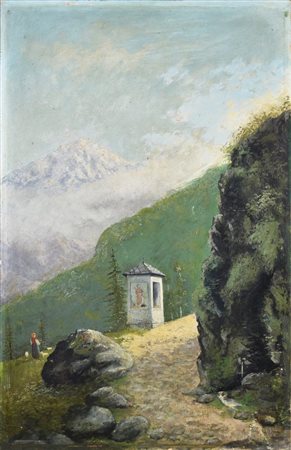 Ernesto Rayper SENTIERO DI MONTAGNA CON CAPPELLETTA VOTIVA, 1871 olio su...