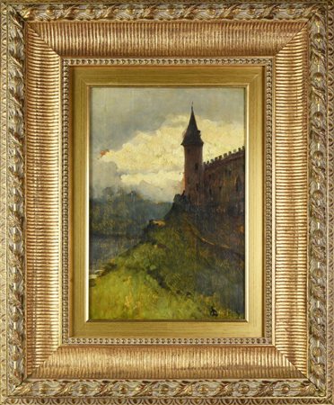 Lorenzo Delleani CASTELLO olio su tavola, cm 37,3x25,1 sigla