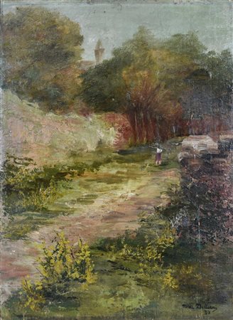 Nina Delleani STRADA DI CAMPAGNA, 1937 olio su tavola, cm 48x34,4 firma e...