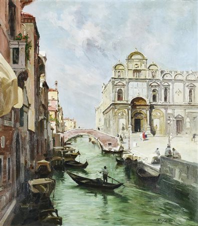 Gustavo Pisani SCUOLA GRANDE DI SAN MARCO olio su tela, cm 63,5x55,5 firma...