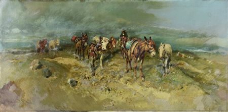 Tito Pellicciotti PAESAGGIO CON ANIMALI olio su tela, cm 42x86 firma...