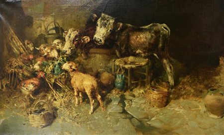 Tito Pellicciotti NELLA STALLA olio su tela, cm 63x107,5 firma sul retro:...