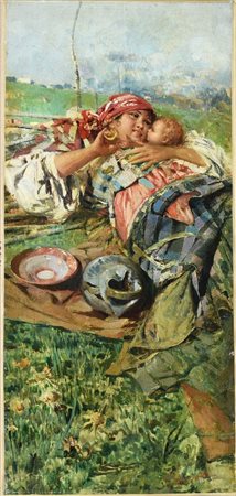 Tito Pellicciotti ZINGARA CON BAMBINO olio su tela, cm 54x24,5 firma...