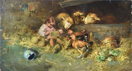 Tito Pellicciotti INTERNO CON BAMBINA olio su tavola, cm 25,5x48,7 sul retro:...
