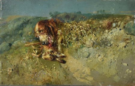 Tito Pellicciotti CANE DA CACCIA olio su tavola, cm 19,8x33,1 sul retro:...