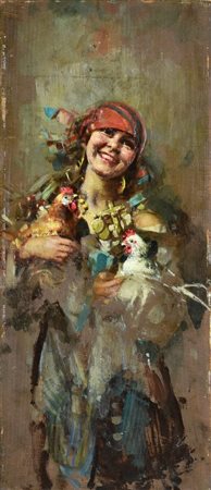 Tito Pellicciotti (attribuito a) ZINGARA CON GALLINE olio su tavola, cm...