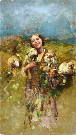 Tito Pellicciotti (attribuito a) CONTADINA CON AGNELLINI olio su cartoncino,...