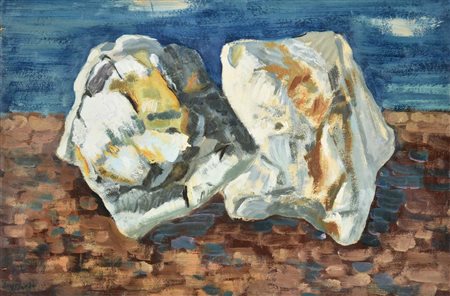 Vincenzo Ciardo MASSI SULLA SPIAGGIA olio su tavola, cm 25,2x38,4 firma