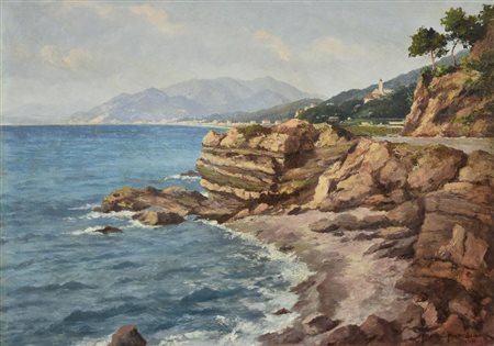 Fritz Paplham RIVIERA ITALIANA VICINO A CHIAVARI, 1944 olio su masonite, cm...