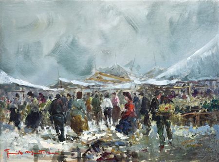 Guido Montanari LA FIERA olio su tavola, cm 29,6x39,4 firma Provenienza...
