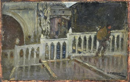 Giuseppe Cherubini SCORCIO VENEZIANO olio su tela applicata su cartoncino, cm...