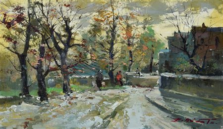 Ezelino Briante STRADA INNEVATA olio su faesite, cm 20x34,5 firma Provenienza...