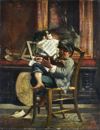 Pittore italiano del XIX secolo PICCOLO VIOLINISTA olio su tela, cm 53,2x40...