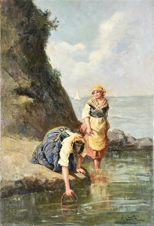 Pittore italiano del XIX secolo DONNE AL FIUME olio su tela, cm 77x51 recante...