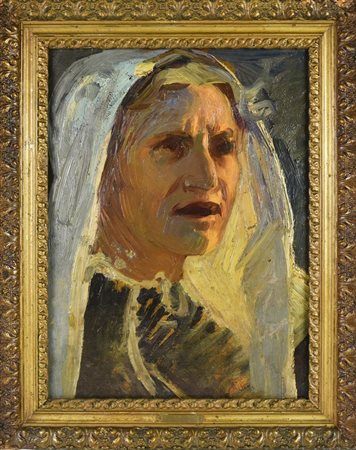 Alessandro Milesi RITRATTO DI DONNA VENETA olio su cartoncino, cm 47x34,2...