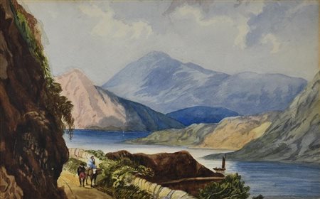 Scuola Inglese del XIX secolo LAGO ALPINO acquerello, cm 47,8x61,6 (con...