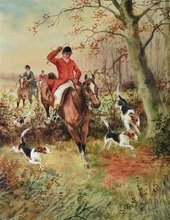 Scuola inglese dei primi del XX secolo CAVALIERI CON CANI, 1930 acquerello,...