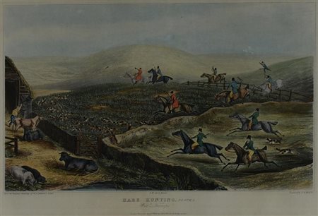 HARE HUNTING, Londra 1856 incisione all'acquatinta con acquarellatura coeva,...