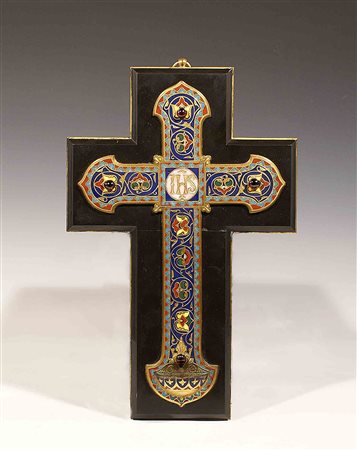 F. Barbedienne (Parigi 1821-1888), croce in bronzo dorato e smalti policromi...