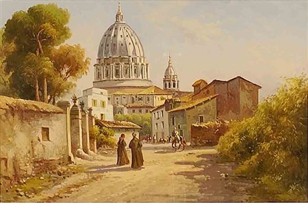 Maestro italiano della fine del XIX secolo, "Scorcio di Roma con Cupola di...