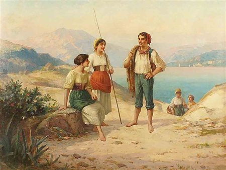 Carlo Ferranti (1840 -1908), "Veduta di paesaggio marino con personaggi",...
