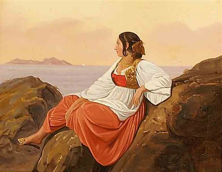 Consalvo Carelli (Napoli 1818 - 1900), "Bellezza napoletana con sfondo...