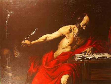 Maestro contemporaneo, "San Girolamo", tratto dal dipinto di Caravaggio, olio...
