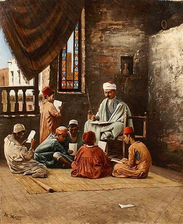 M. Wilde (attivo nel XIX secolo) "Lezione", olio su tela, cm. 55,5x46,...