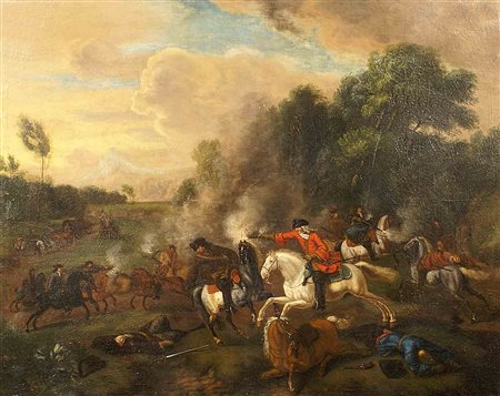 Scuola fiamminga del XVIII secolo, "Scena di battaglia", olio su tela, cm....