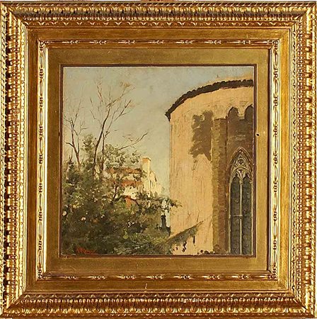 Antonio Maria Reyna (Spagna 1859 - 1937), "Studio di scorcio di chiesa", olio...