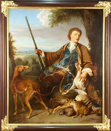 Scuola austriaca del XVIII secolo, "Cacciatore con cani e cacciagione", olio...