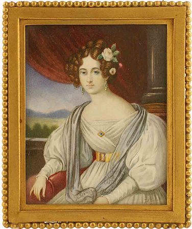 Scuola inglese del XIX secolo, miniatura dipinta su avorio raffigurante...