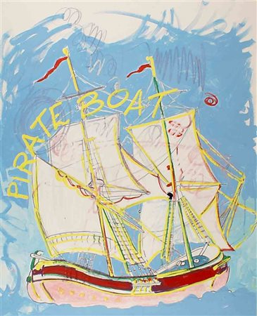 Enrico Manera (Asmara 1947), "Pirate Boat", olio su tela, cm. 100x80, firmato...