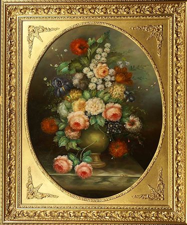 Scuola italiana del XX secolo, "Vaso di fiori", olio su tela entro cornice in...