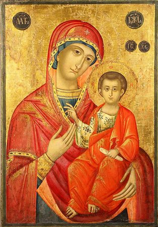 Scuola italiana del XIX secolo, "Madonna con bambino", fondo oro, tecnica...