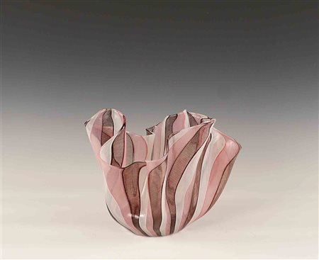 Vaso a cartoccio in vetro Facon de Venise bianco e colorato, Murano, vecchia...