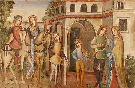 Scuola italiana del XX secolo, "Scena galante", tempera, cm. 100x150.