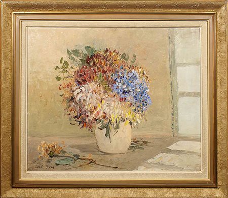 Carl Sin (XX secolo), "Vaso di fiori", olio su compensato, cm. 50x60, firmato...