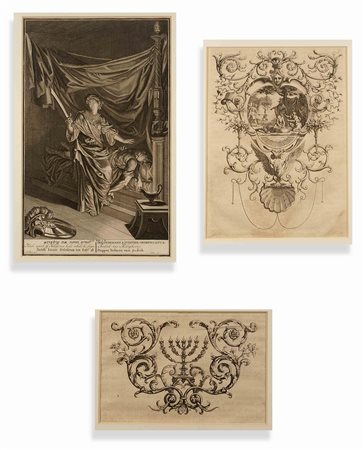 Scuola francese del XVIII secolo, tre acqueforti, soggetti e misure diverse.