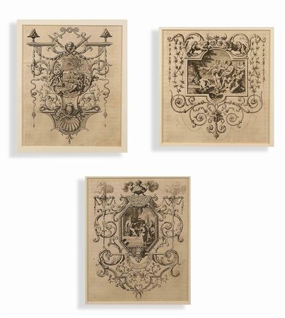 Scuola francese del XVIII secolo, tre acqueforti, soggetti e misure diverse.