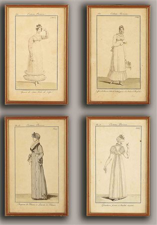 Lotto composto da quattro stampe francesi raffiguranti modelli di vestiti...