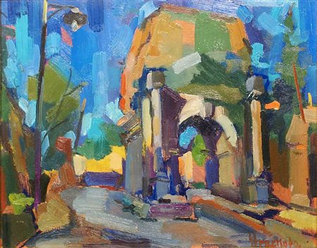 Josef Strachota (XX secolo), "Arco di Druso", olio su tela, cm. 24x30,...