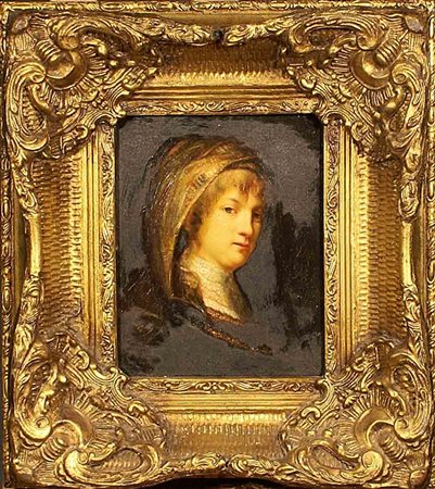 Rembrandt, copia da, "Ritratto di giovinetta". olio su tavola, cm. 25x20.